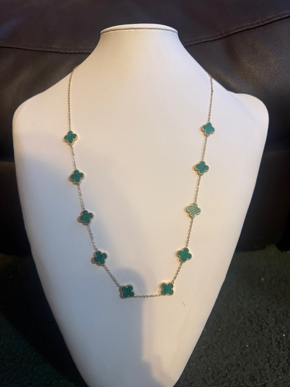 Long Gold-Tone Necklace with Green Clover Motifs